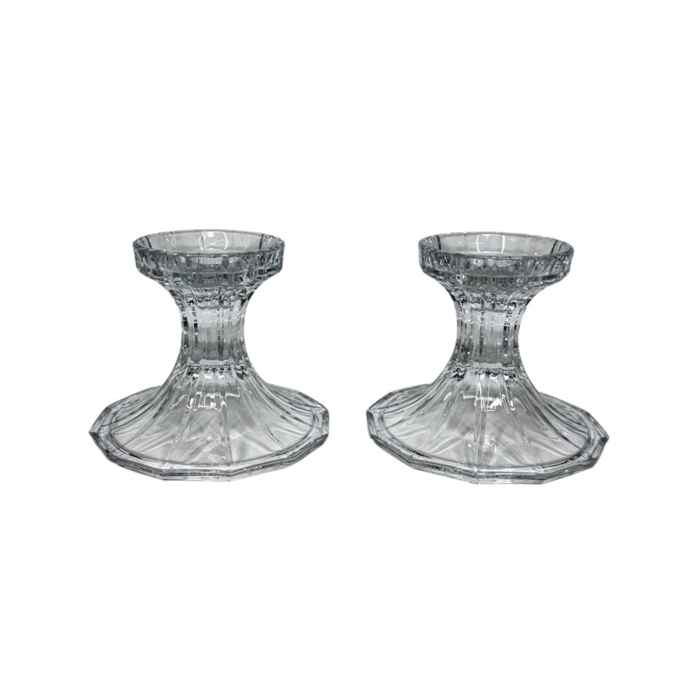Vintage Intricate Clear Glass Tapered Candle Holder Set Hourglass Shape